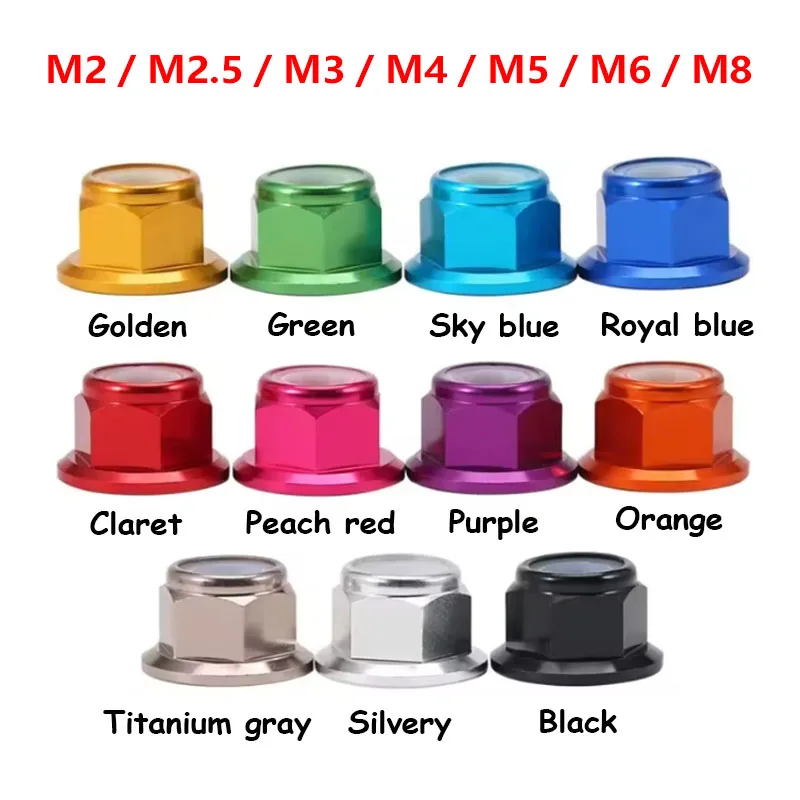2/5/10 Pcs M2 M2.5 M3 M4 M5 M6 M8 Aluminum Lock Nuts Colorful Alu Alloy Flange Nut Nylon Insert-Lock nut Self-locking Anti-loose