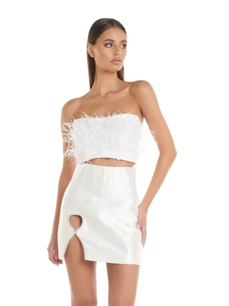 

Sexy Strapless Sequins Feather Top + Skirt Set Women White Pink Cropped Top + Cutout Chain Mini Skirt Design Party Suits