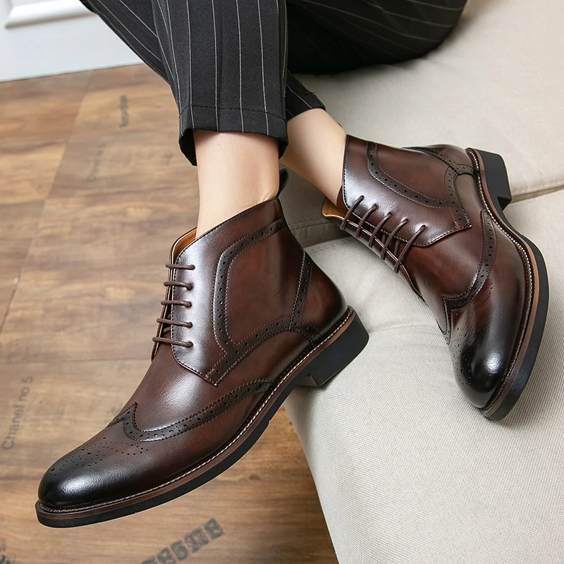 Genuine Leather Luxury Footwear Designer Formal Brogue Dress Winter Business Shoes for Men Fashion Chelsea Casual Ankle Boots 45