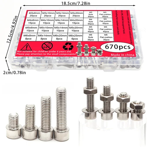 Imagen 2 del producto Juego combinado de tuercas y pernos hexagonales de acero inoxidable de 670 piezas - Cabezales hexagonales M3, M4, M5, M6 - Incluye llave de arandela plana