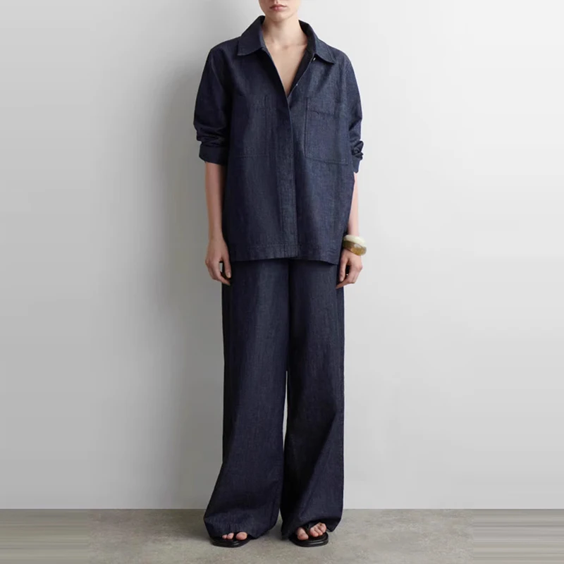 Letnie spodnie damskie z szerokimi nogawkami, z wysokim stanem, prostymi nogawkami, na sznurku w pasie, codzienne, wygodne, dżinsowe spodnie, lato 2025.