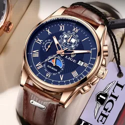 LIGE Men Quartz Wristwatch Gentleman Business Men Watches Leather Strap Watch for Men Luminous Chronograph Date 24 Hours Clock