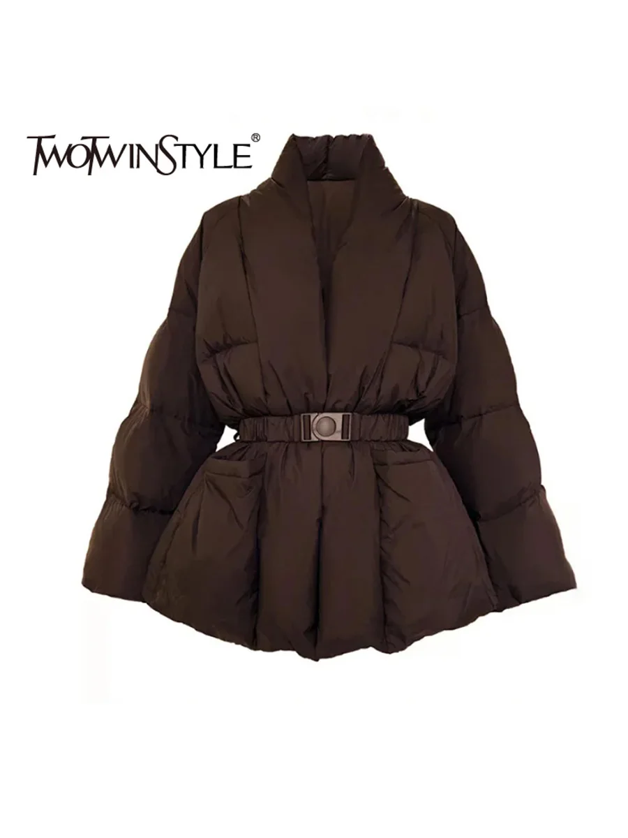 TWOTWINSTYLE Solid Spliced Belt Loose Jackets for Women V Neck Long Sleeve Temperament Parkas Female Fashion Style