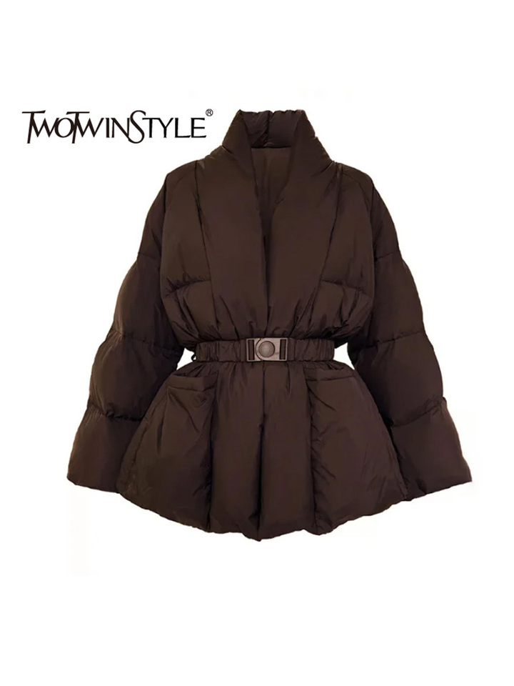  TWOTWINSTYLE Solid Spliced Belt Loose Jackets for Women V Neck Long Sleeve Temperament Parkas Female Fashion Style 