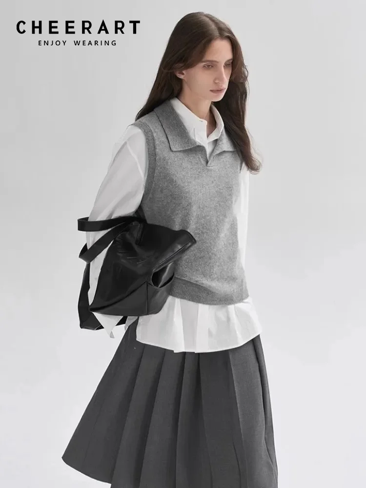 

CHEERART элегантный свитер, жилет, осенняя одежда, женский серый жилет без рукавов, трикотаж, жилет с воротником, топ, осенняя одежда 2025, осень