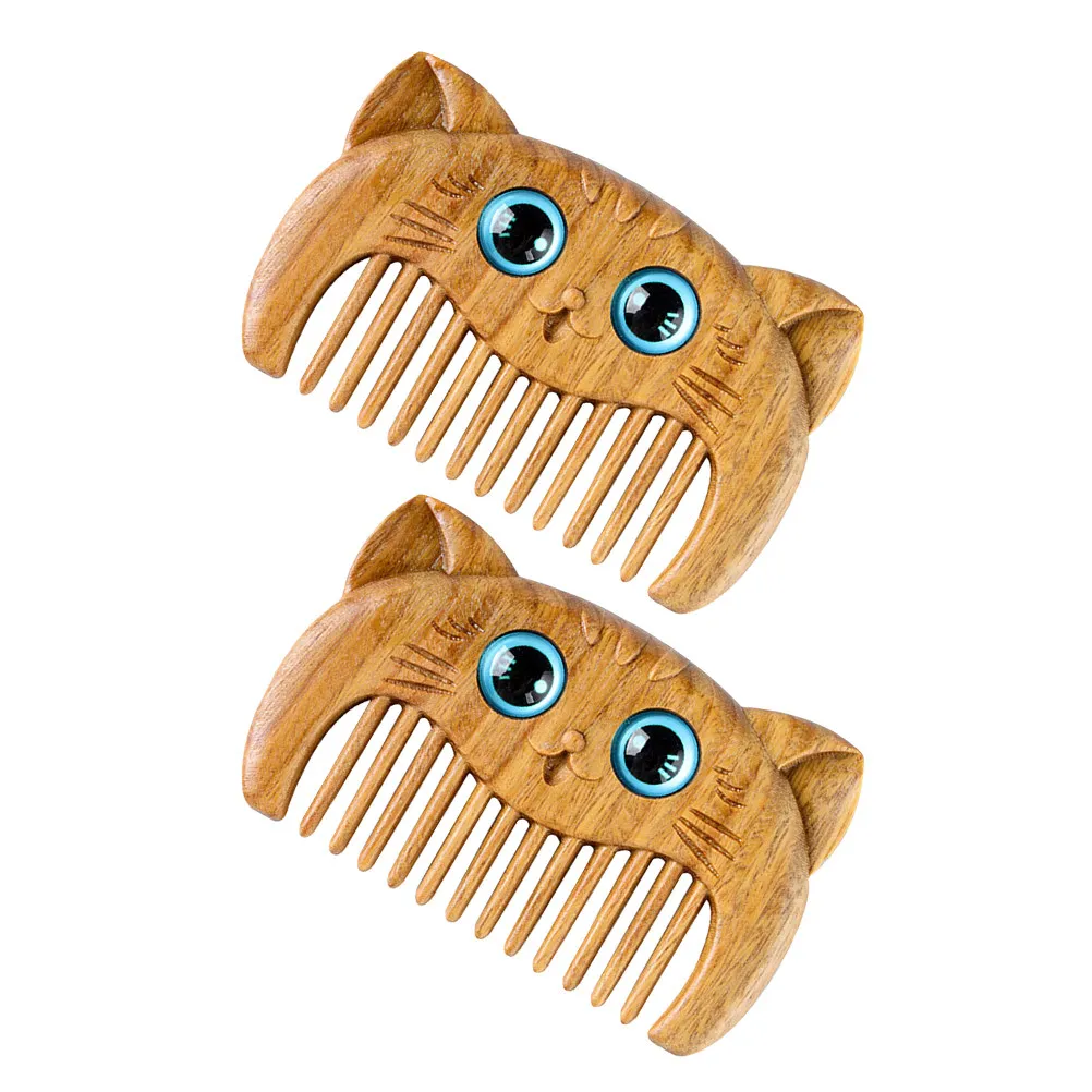 2Pcs Green Sandalwood Wooden Comb Lightweight Ergonomic Design Smooth Surface Cat Pattern Hair Styling Fine Tooth Comb for Women