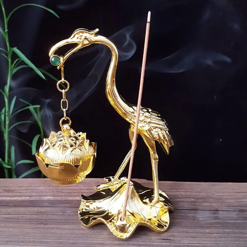 Crane Shape Crane Incense Holder Alloy Craft Handmade Lotus Crane Hanging Furnace Durable Antique Hanging Incense Tray Tea Hall