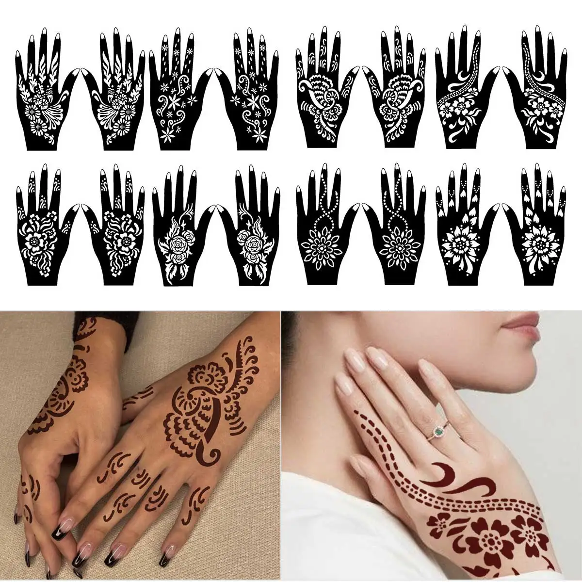 8pcs Moon Flower Pattern Henna Tattoo Stencils for Women Henna Tattoo Templates for Ramadan Festival Hand and Fingers Decor