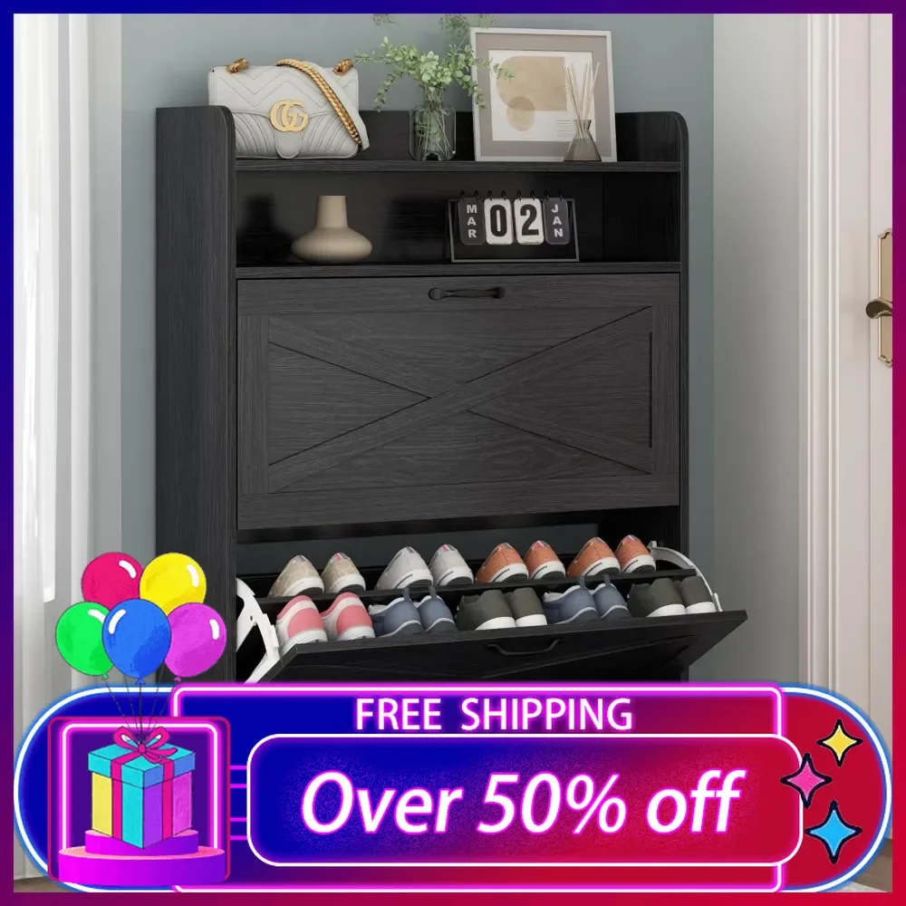 

Shoe Cabinet, Freestanding Tipping Bucket Shoes Storage Cabinet, Entryway Shoe Rack with Storage Top Cubby,Hidden Shoe Organizer