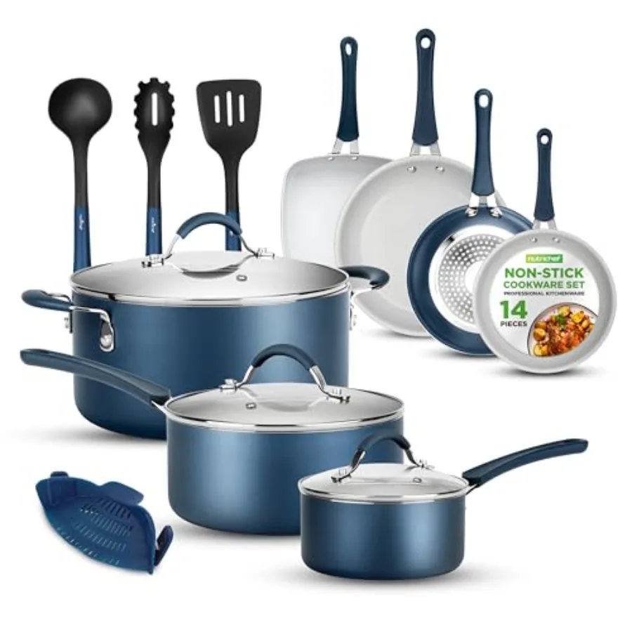 

14Piece Navy Blue Cookware Set Durable NonStick Pots and Pans Set with Lids and Utensils Compatible with All Cooktops
