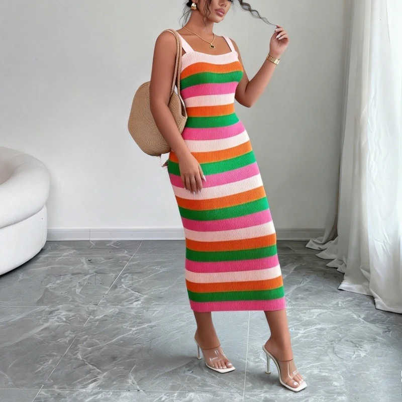 women's Rainbow Striped Sundress Sleeveless Stretchy Knit Bodycon Maxi Dress Casual Summer Beach Vacation Party Long Dress