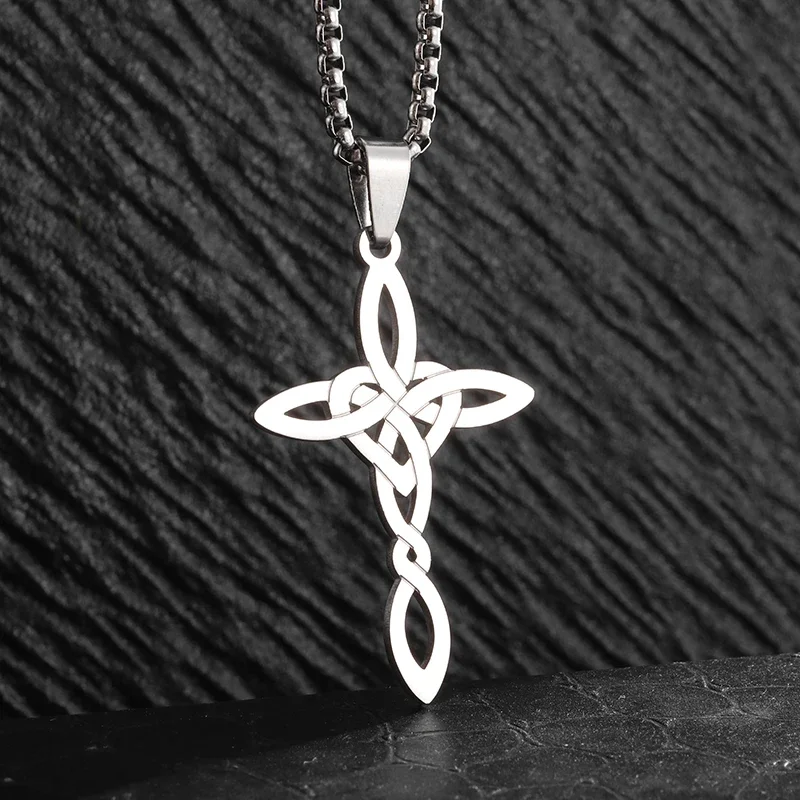 Classic Stainless Steel Celtic Knot Cross Necklace Retro Fashion Hollow Irish Knot Pendant Jewelry for Men Women