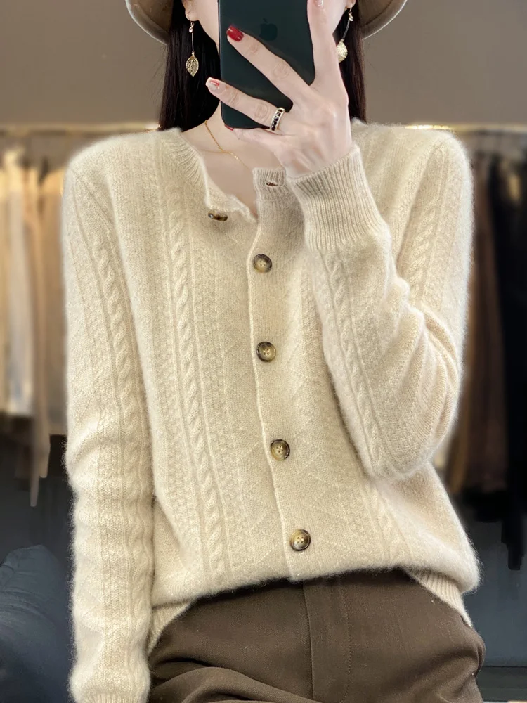 

Women 100% Merino Wool O-Neck Cardigan Autumn Winter Soft Warm Cashmere Sweater Long Sleeve Buttoned Knitwear Popular Casual Top