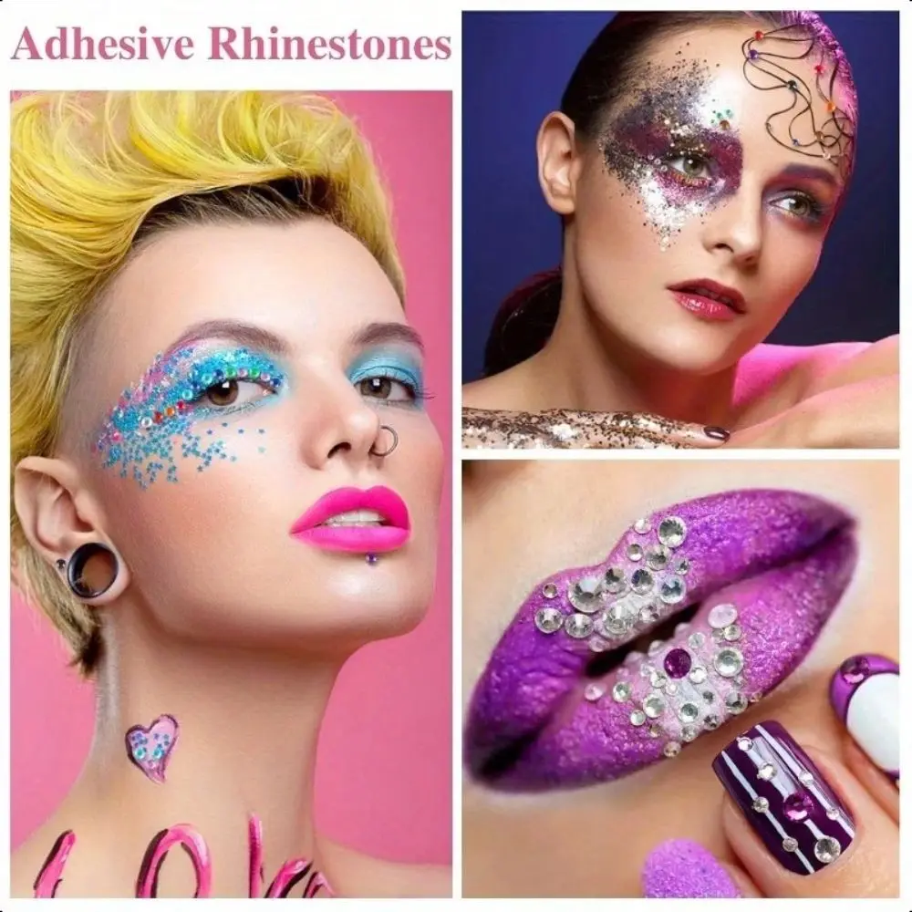 900Pcs Self-Adhesive Makeup Rhinestone Stickers Round Shiny Face Glitter Gem Stickers 15-Color Mixed Size
