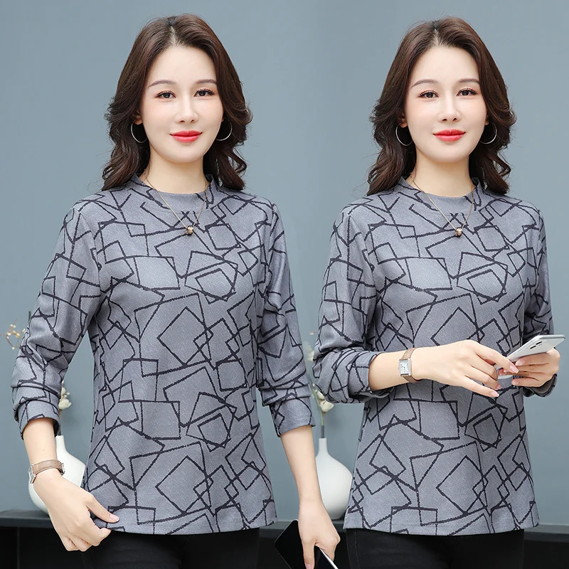 เสื้อยืดคอกลมแขนยาวพิมพ์ลายแฟชั่นสำหรับผู้หญิงวัยกลางคน  ใส่สบายๆ สไตล์ลำลอง  สำหรับฤดูใบไม้ร่วง