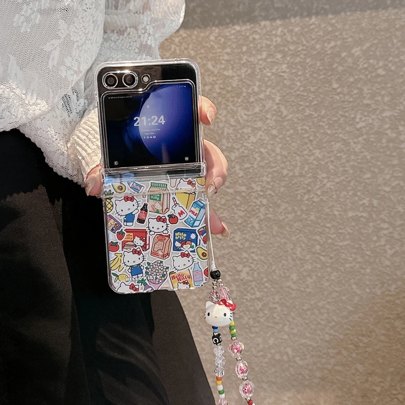 Cute Cartoon Sanrio Hello Kitty Melody Pochacco Phone Case For Samsung Galaxy Z Flip 5 5G 4 3 Clear Soft Cover With Lanyard