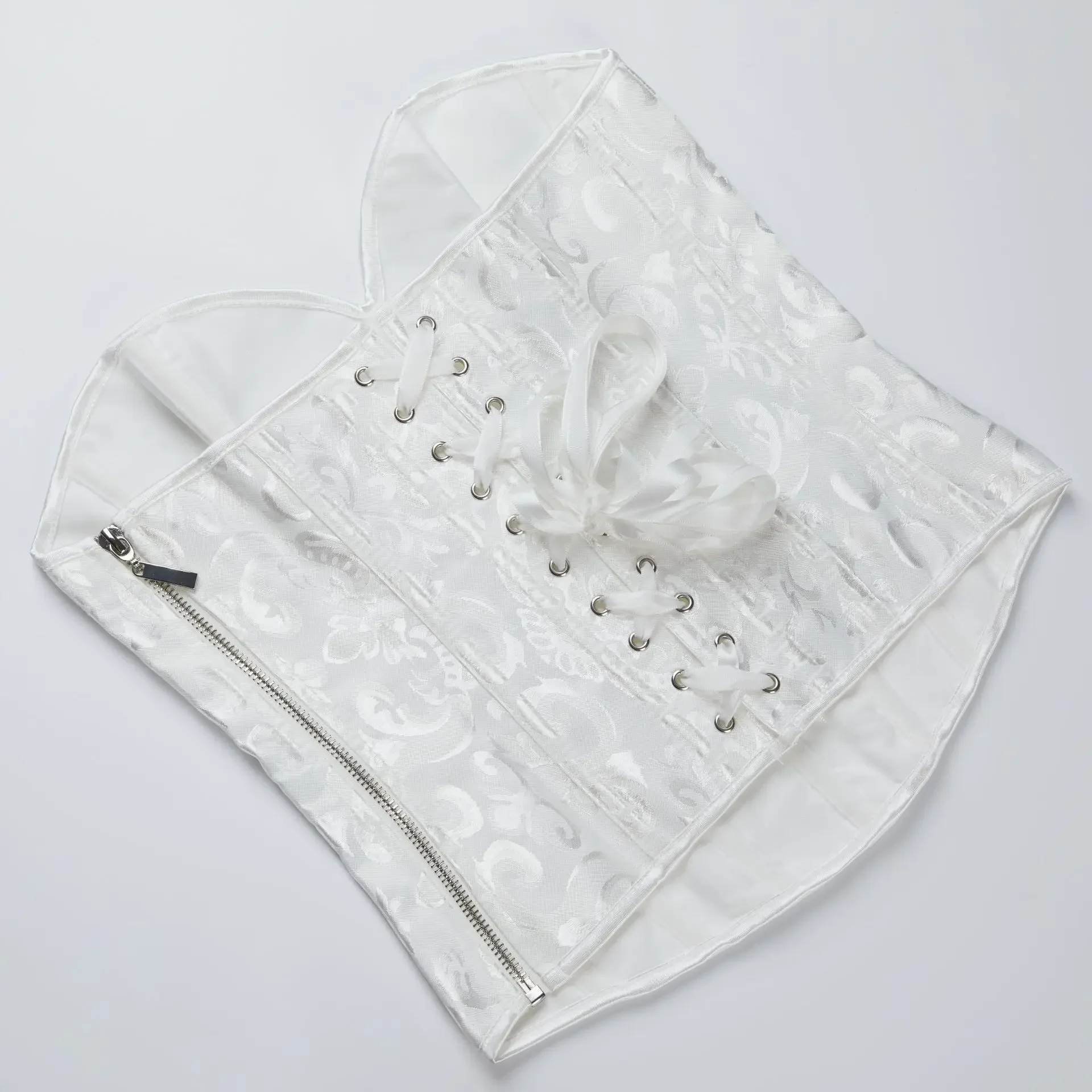 Espartilho branco superior bustier cetim rendas até overbust zíper para mulheres shaper espartilhos góticos vintage