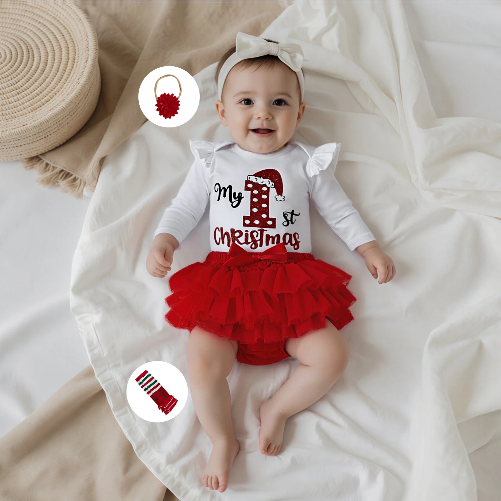 طفلة عيد الميلاد 4 قطع الزي، طويلة الأكمام طاقم الرقبة خطابات طباعة رومبير مع الطبقات شبكة السراويل عقال تدفئة الساق #3