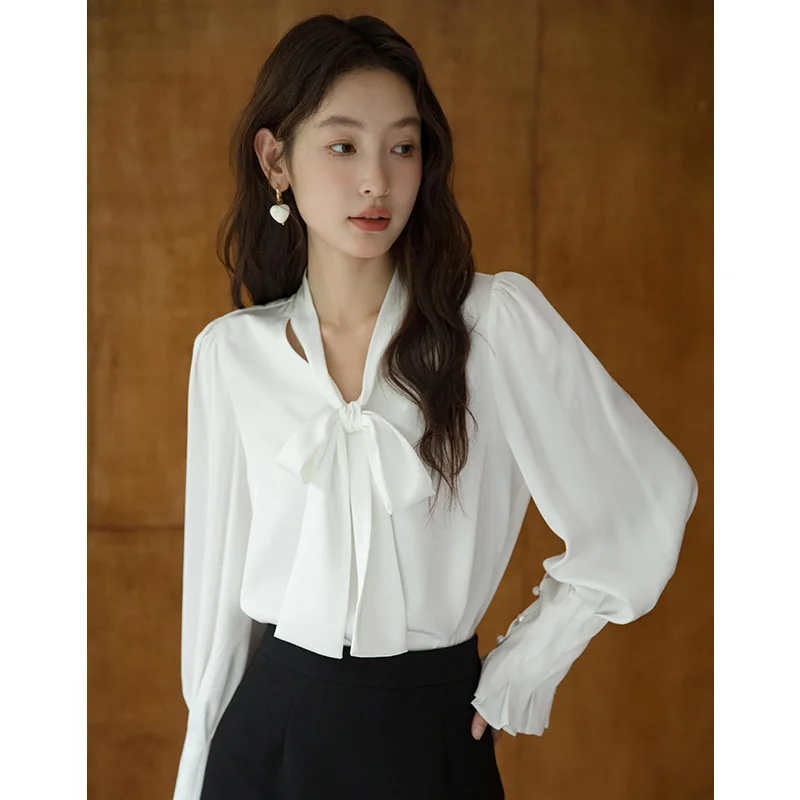 

Spring Bow Tie V-neck White Shirt Women's Long Sleeve Basic Satin Office Lady French Elegant Vintage Sweet Blouses Female
