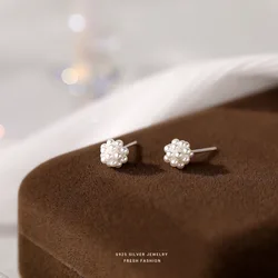 925 Sterling Silver Mini Pearl Bubble Flower Stud Earrings for Women Simple Temperament Retro Jewelry