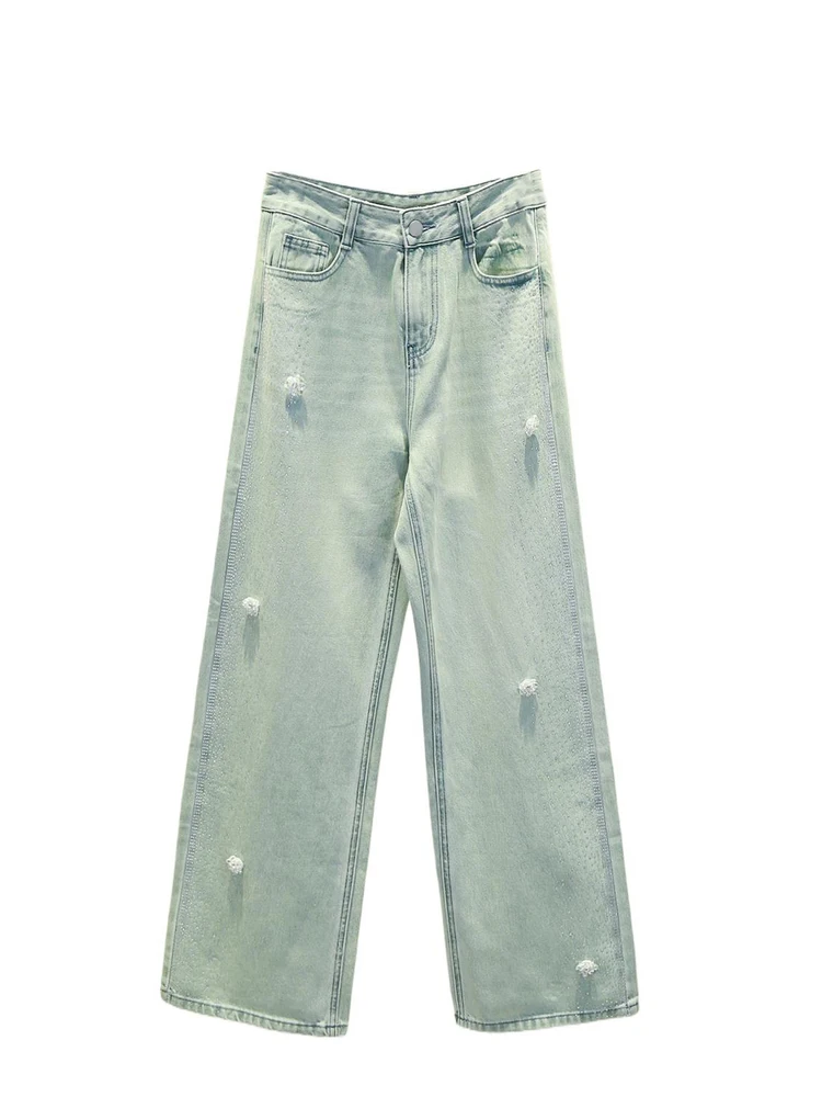 High Waist Distred Wide Leg Jeans Women's Early Spring High Waist Diamond Embellied Floor-Length Pants European Sle