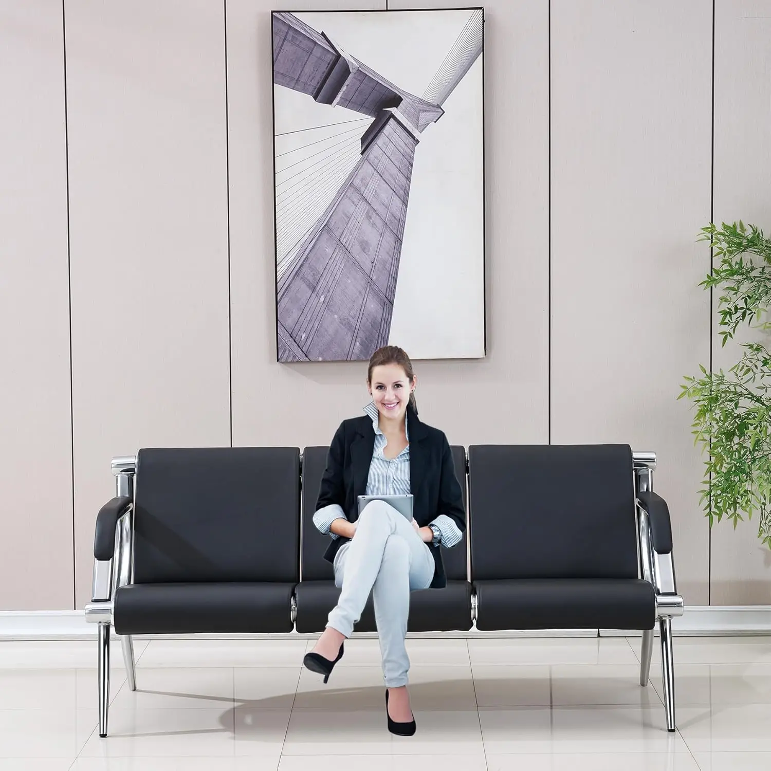 Waiting Room Chairs Faux Leather Office Guest Chair, Conference Room Chairs 3 Seats Visitor Chair With Padded Arms For Office