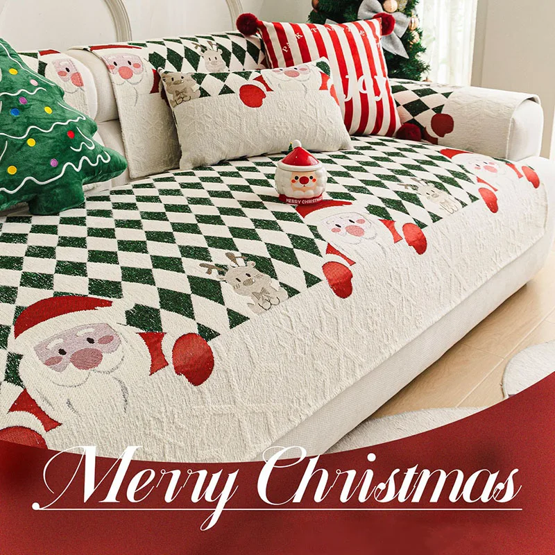 Christmas Thick Checkered Printed Sofa Cushion Comfort Non-Slip Couch Covers for Living Room Holiday Atmosphere Home Accessories