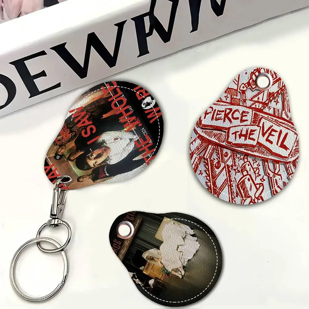 Pierce The Veil Music Band 1PCS PU Leather Keychain Protective Case Door Lock Access Control Tags Card Bag Key Tag Ring