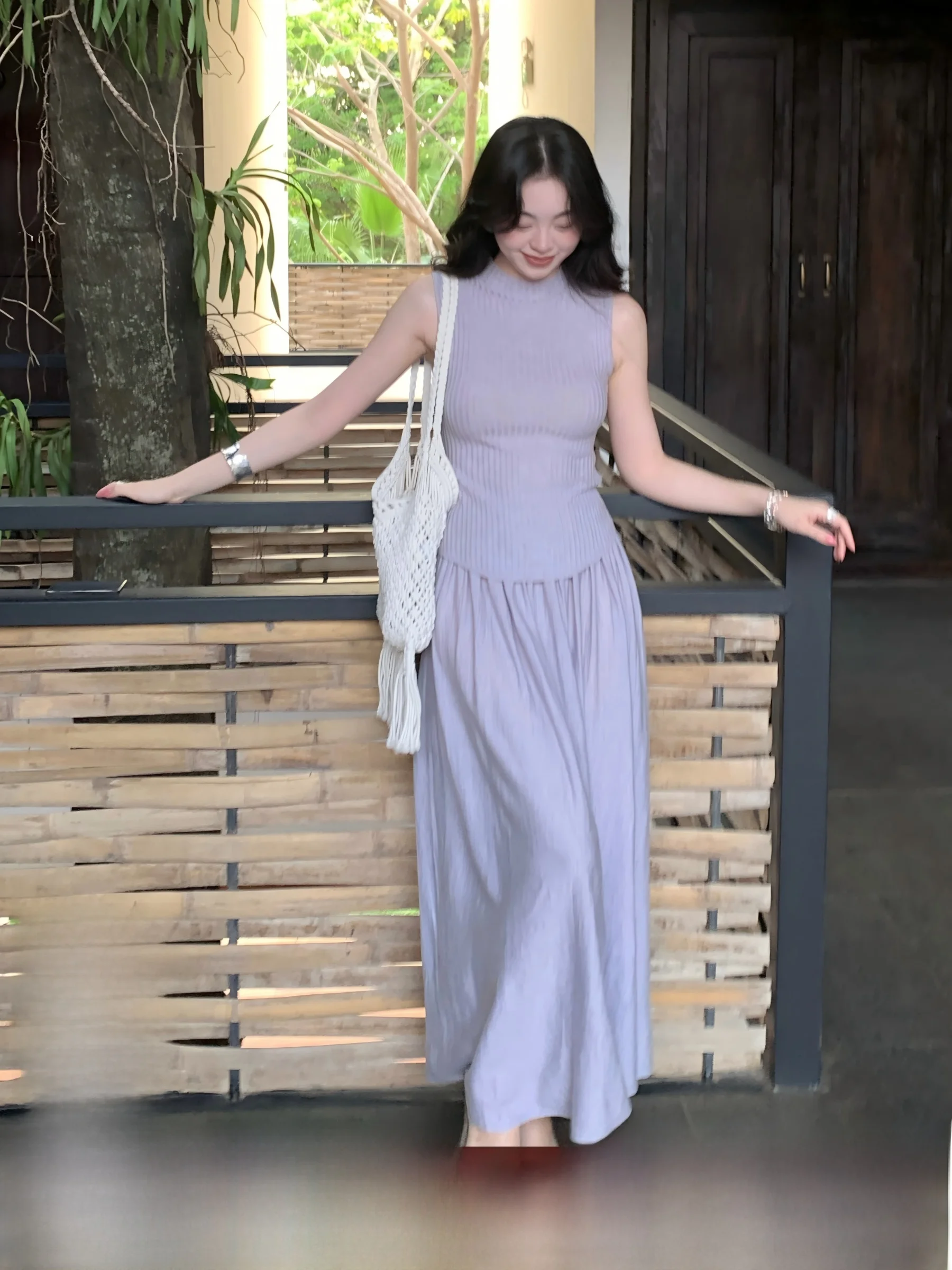 

Syty Pure Color Sweet Style Sleeveless Knitted Casual Top Slimming High Waist Skirt Set Asymmetric Design High Elasticity Sum...