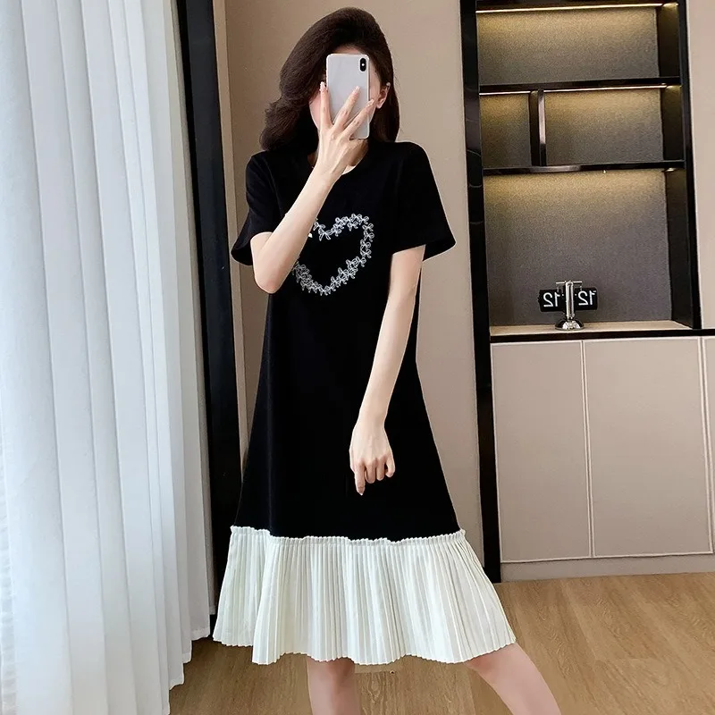 Vrouwen Casual Lange Jurk 2025, Zomer Geplooide Stiksels, Middellange Jurk, Dames Koreaanse Stijl Slanke Ronde Hals T-shirt Losse Jurk