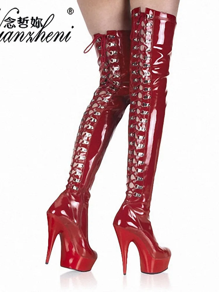 Red 6-Inch Gothic Lace-Up High Crossdress Over-The-Knee Stripper Heels 15CM Thick Sexy Pole Dance Shoes Big Size Women