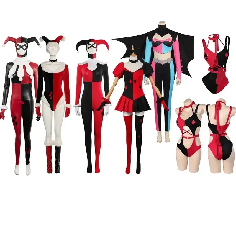 

Quinzel Cosplay Female Jumpsuit Mask Costume Fansy Disguise Outfits Halloween Carnival Role Play Bodysuit For Adult Women Girls