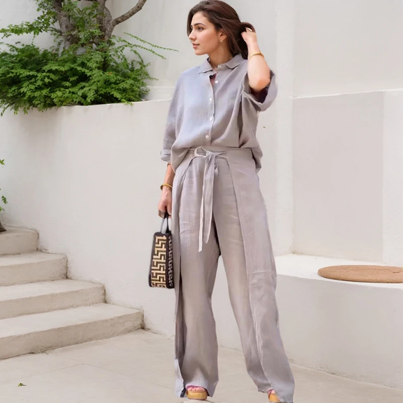 Set di camicie da donna eleganti Casual tinta unita in cotone e lino con bottoni colletto rovesciato camicia cintura gamba larga con spacco pantaloni irregolari