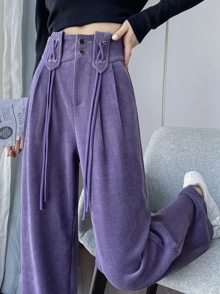 Warm Corduroy Womens Wide Leg Pants Vintage Thick Straight Pantalones Casual Lace-up Plush Velvet Lined Sweatpants Winter Baggy