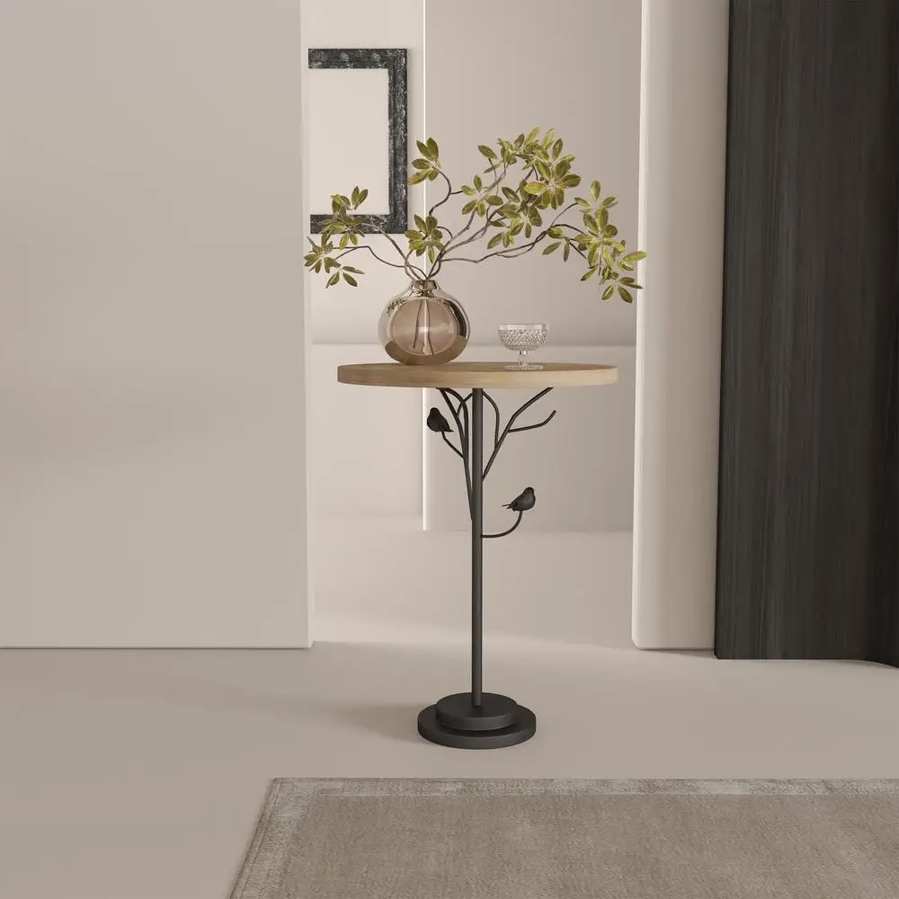 

Round Side Table Natural Bark Texture MDF Top Matte Black Metal Branch Leg Small Accent Table for Living Room Bedroom Office