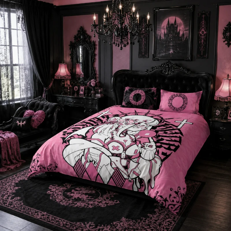 Dark Series Bedroom Floral Font Pure Cotton Bed Set of Four Dormitory Pure Cotton Gothic Punk Pink Girl Bedding