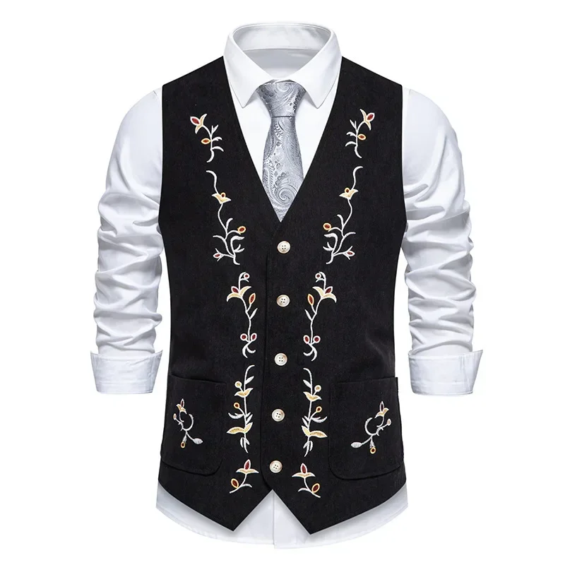Pop Men's Autumn And Winter Fashion Spell Color Embroidery Single-breasted Suit Vest, Slim-fit V-neck Trend Suit Vest With Pocke
