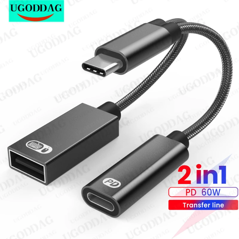 

USB C OTG Cable Phone Adapter 2in1 Type C Male to USB C Female Charging Port with USB Female Splitter Adapter for Samsung Google