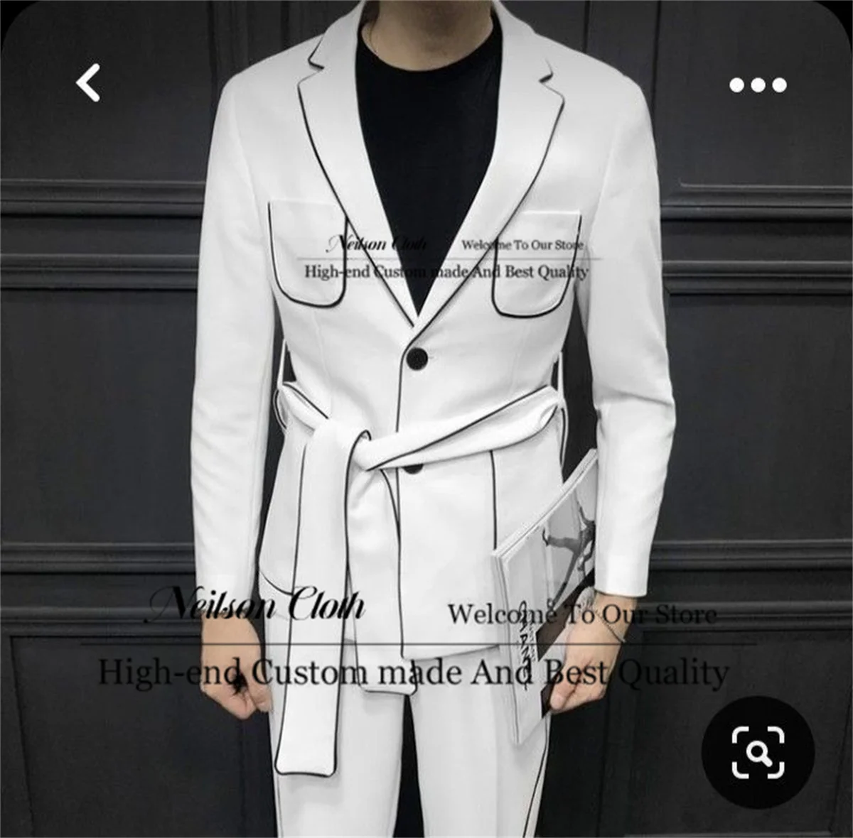 

Fashion White Male Prom Blazers 2 Pieces Sets With Belt Groom Wedding Tuxedos Slim Fit Customized Notched Lapel Costume Homme