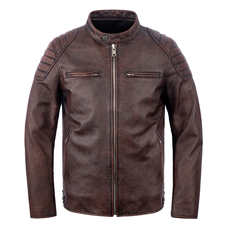 

Мужская байкерская куртка из натуральной кожи, осенне-весенняя, с воротником-стойкой, красно-коричневая, модная, городская, стильная, с длинными рукавами, на молнии