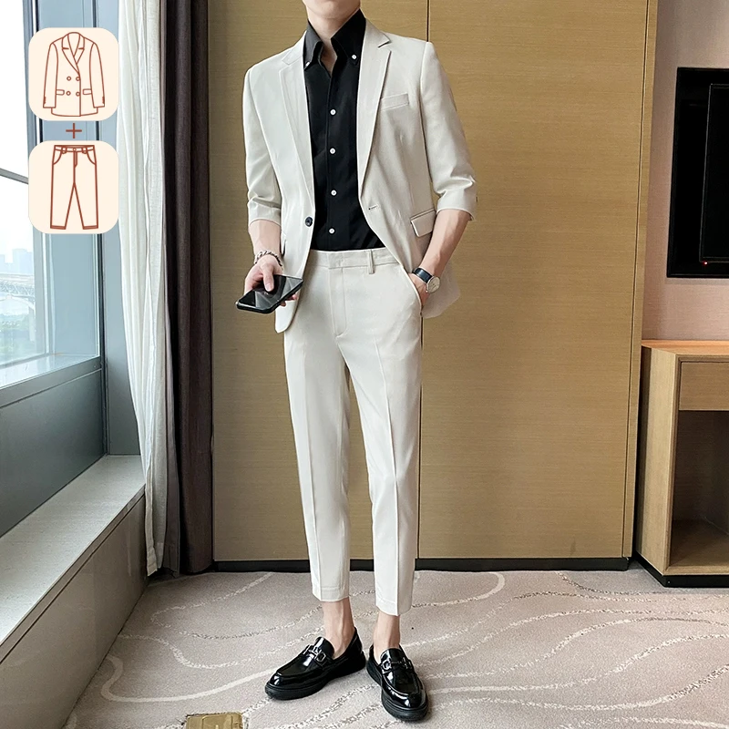 

Mens Suits 2 Piece Men's Slim-Fit Ankle-Length Trousers with Mid-Sleeve Suit Jacket - High-Quality and Fashionable