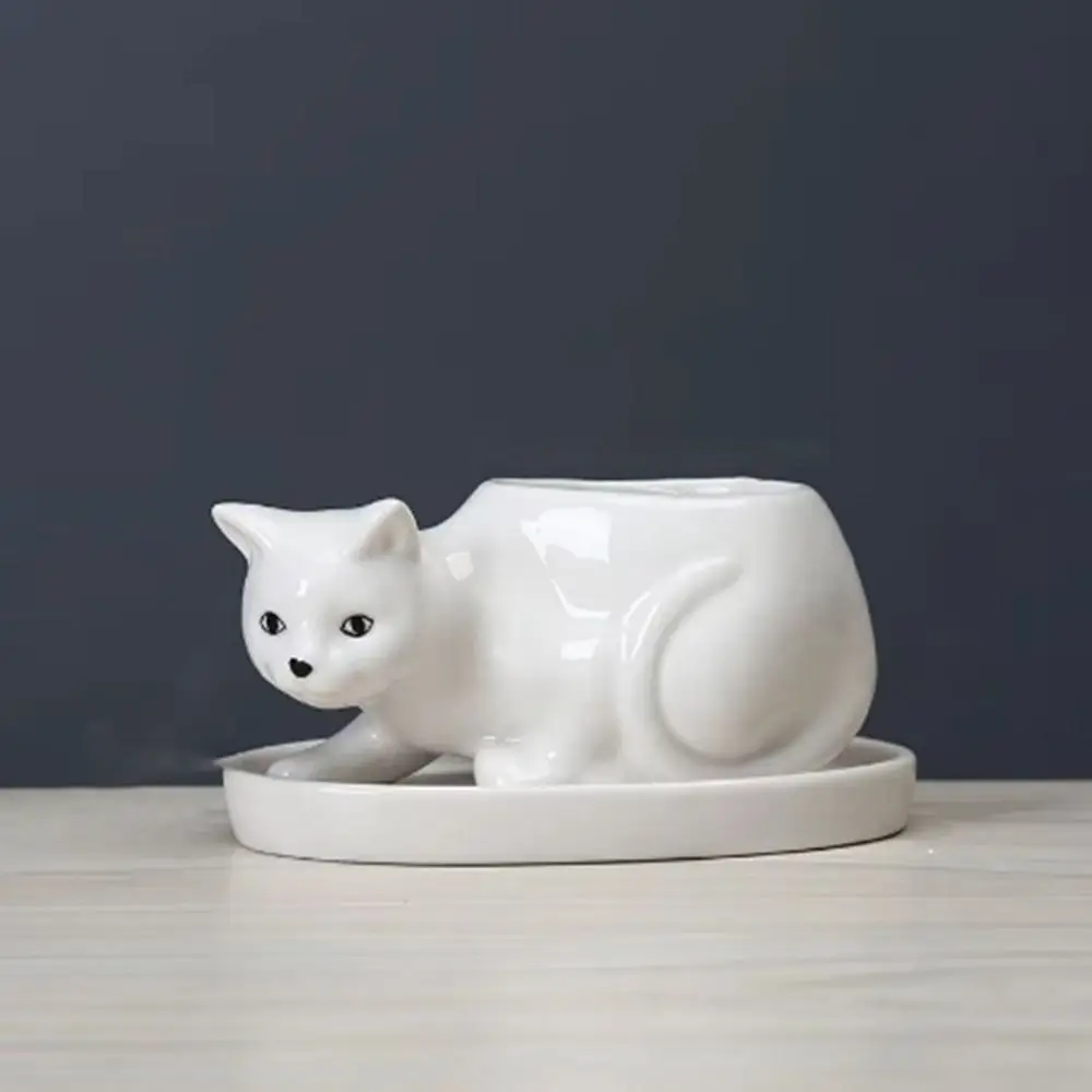 Engraçado com bandeja vaso de flores de gato com furo de drenagem requintado vaso de flores de cerâmica bonito gatinho vaso recipiente desktop