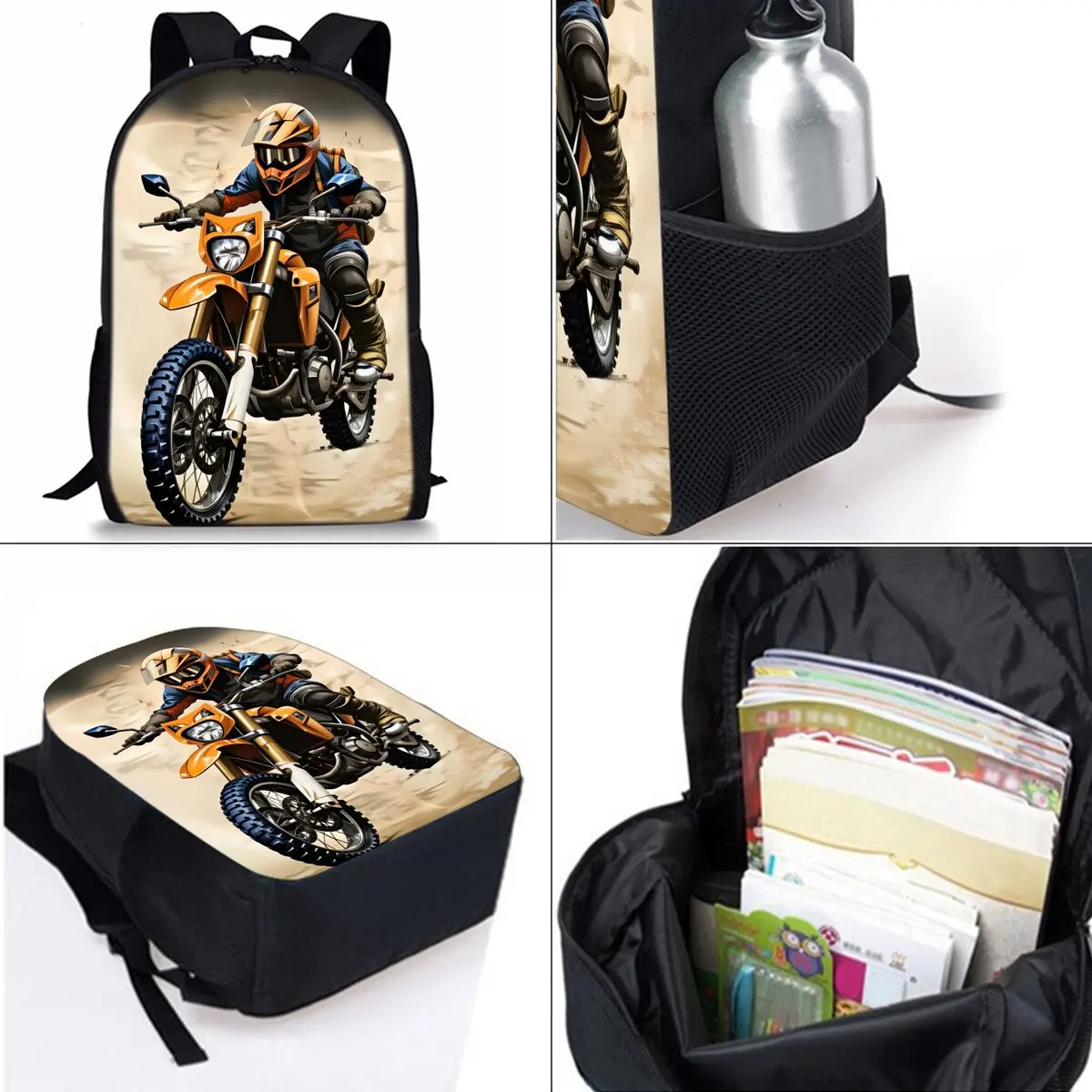 Cool Motorcycle Print Three Piece Backpacks Set for Boy and Girls Best Gifts 2D Flat Cartoon School Bag for Children