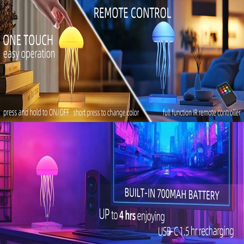 LED Cute Jellyfish Night Light with Dancing Legs, RGB Gradient Lamp, Rechargeable Bedside Lamps with Touch Sensor