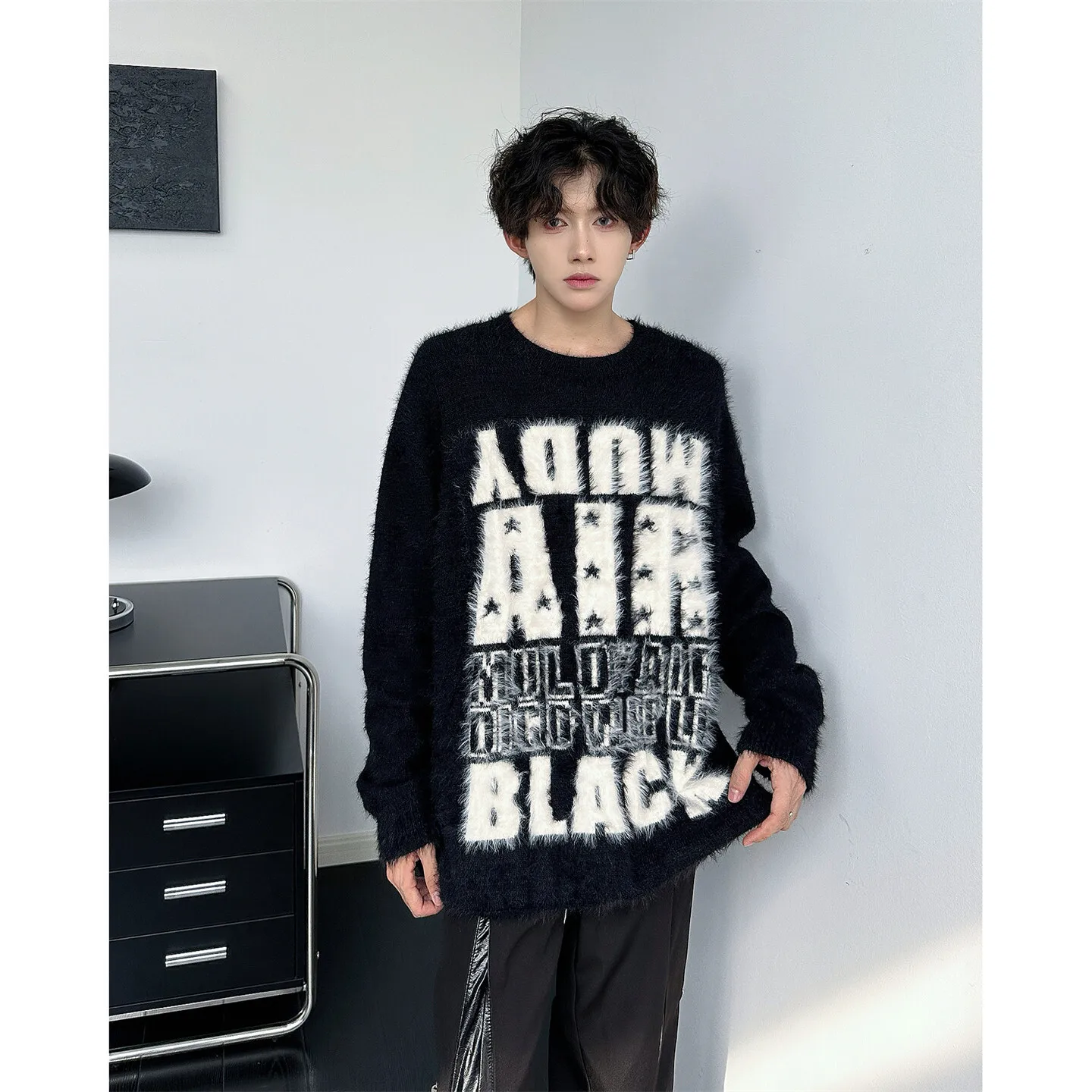 

Мужской вязаный свитер American Lazy Style с круглым вырезом и вышивкой букв, большого размера, 250 Pou, в стиле ретро, универсальный, свободный, зимний