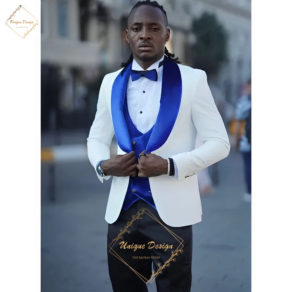 

Elegant men's 3-piece suit jacket vest pants Royal blue velvet shawl lapel Custom homme tuxedo for wedding prom banquet party