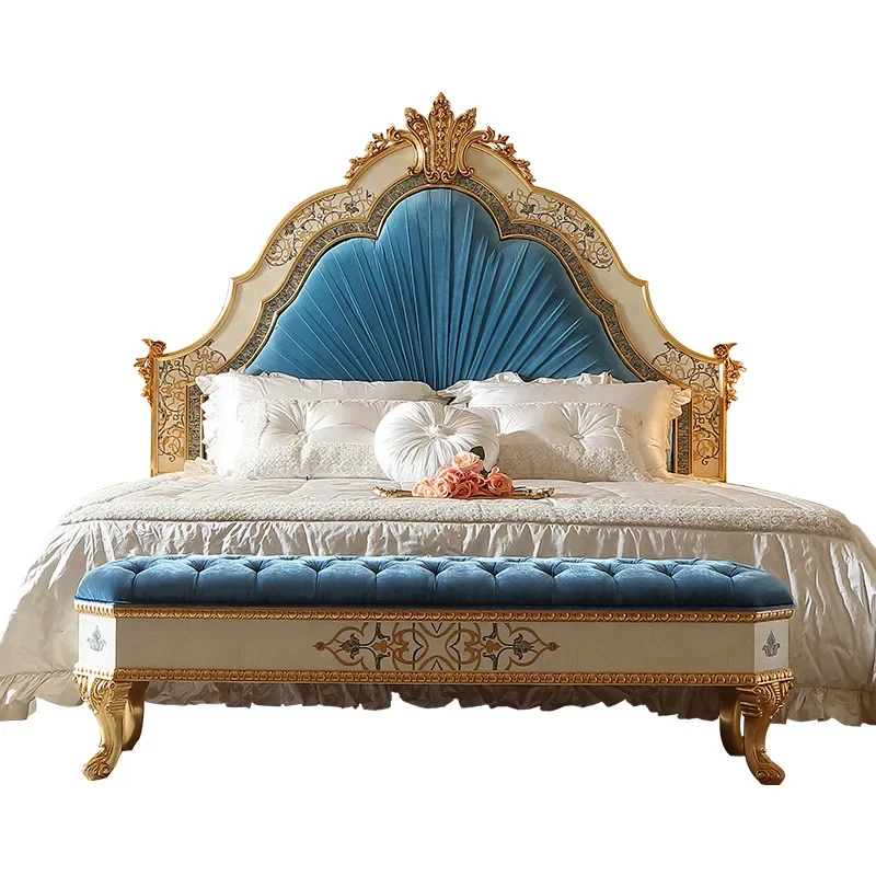 

Double bed master bedroom large bed solid wood carving flower European fabric double