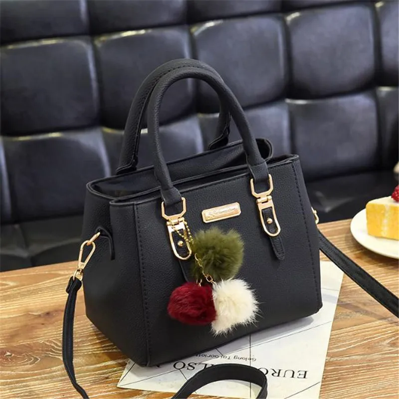 High Quality 1PC Black Women Handbag Large Capacity PU Leather Lady Shoulder Bag Messenger Bag With Hairball Travel Bag Fashion