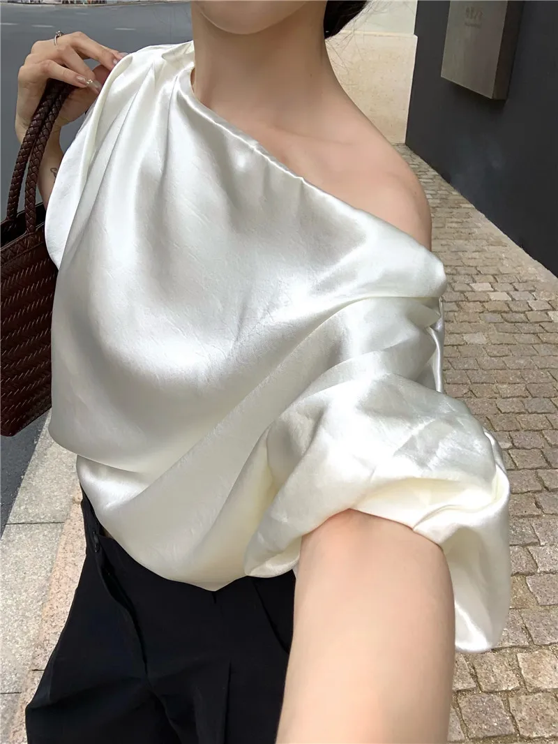 

Alien Kitty, блузки с короткими пышными рукавами, женские сексуальные летние элегантные брюки с косым воротником, новинка 2025 года, нежные милые широкие брюки с высокой талией