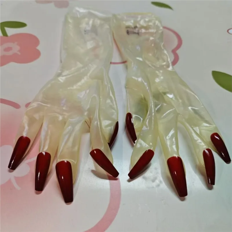 Sheer Super Thin Oil Shiny Elasticity Latex Zentai Long Flat Nails Sheer Crossdress Male To Female Cosplay Gloves Club Live Show
